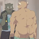 bear biceps big_muscles blush bovine brown_fur butt cattle clothed clothing duo eyewear fur gay glasses half-dressed horn hypnosis jacket male mammal mind_control mooning muscles nude pants pants_down pecs pose presenting shirt sweat topless undressing unknown_artist 