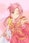  blush cape ethlin_(fire_emblem) fire_emblem fire_emblem:_seisen_no_keifu kuroma_(einin) long_hair one_eye_closed pink_eyes pink_hair ponytail smile solo staff 