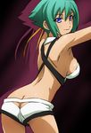  aquarion_(series) aquarion_evol armpits ass back breasts green_hair haruyama_kazunori looking_at_viewer medium_breasts purple_eyes revealing_clothes short_hair short_shorts shorts sideboob smile solo zessica_wong 