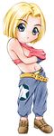  bare_shoulders belt blonde_hair blue_eyes blue_mary breasts chibi denim fatal_fury fingerless_gloves gloves jeans large_breasts midriff multiple_belts navel pants short_hair shyue sideboob solo tank_top the_king_of_fighters under_clothes 