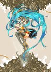  aqua_eyes aqua_hair boots fetal_position full_body hatsune_miku highres junk long_hair odds_&amp;_ends_(vocaloid) plantar_flexion project_diva_(series) project_diva_f rakkou skirt solo thigh_boots thighhighs twintails very_long_hair vocaloid 