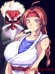  1girl ahoge braid breast_squeeze breasts brown_eyes brown_hair dougi dripping facial_hair food goatee headband huge_breasts long_hair mask mouth_hold mr_karate mustache popsicle ryuuko_no_ken single_braid sleeveless tengu_mask the_king_of_fighters toned ura_suji v_arms white_hair yuri_sakazaki 