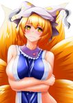  blonde_hair blush breast_hold breasts colorized crossed_arms doseisan_(dosei-san) fox_tail hat highres large_breasts multiple_tails naked_tabard saboten_teishoku short_hair sideboob solo tabard tail touhou yakumo_ran yellow_eyes 