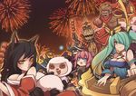  ahri animal_ears annie_hastur black_hair blue_eyes blue_hair blush breasts cat_ears character_request cleavage closed_mouth eyebrows_visible_through_hair fiddlesticks fireworks fox_ears fox_tail heart kaka_cheung large_breasts league_of_legends long_hair looking_at_another looking_away multiple_girls open_mouth pink_hair short_hair smile sona_buvelle tail teemo twintails wukong yellow_eyes 