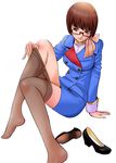  copyright_request glasses katayama_makoto pantyhose pantyhose_pull pencil_skirt scarf shoes_removed skirt solo stewardess 