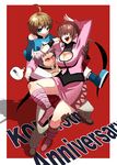  2boys ahoge bare_shoulders blue_eyes boots breasts brown_hair carrying choker chris_(kof) cleavage cleavage_cutout cropped_jacket fujitsuna gloves hair_over_eyes knee_boots large_breasts laughing leotard miniskirt multiple_boys nanakase_yashiro pink_footwear princess_carry red_eyes shermie shoulder_carry skirt the_king_of_fighters translation_request white_hair 