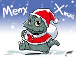  ambiguous_gender christmas claws cute godzilla godzilla_(series) hat holidays kaiju looking_at_viewer not_furry santa signature snow solo toe_claws unknown_artist walking 