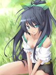  ahoge belt black_hair blush breasts cleavage ganaha_hibiki grass green_eyes hair_ribbon idolmaster idolmaster_(classic) long_hair ribbon ribi shorts sitting small_breasts solo strap_slip 