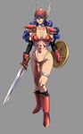  abs armor bad_id bad_pixiv_id bikini_armor blue_eyes boots choker curly_hair dragon_quest dragon_quest_iii elbow_gloves full_body gloves helmet highres long_hair looking_at_viewer noriheita pauldrons purple_hair red_armor shield simple_background soldier_(dq3) solo sword weapon 