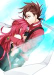  brown_eyes brown_hair crying elbow_gloves gloves hand_on_another's_head headband highres lloyd_irving long_hair male_focus multiple_boys murata0033 red_hair red_shirt shirt smile tales_of_(series) tales_of_symphonia zelos_wilder 