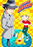  1girl 2boys 80s age_difference blonde_hair brain_(inspector_gadget) dic_entertainment dog father_and_daughter gadget green_eyes grin hat inspector_gadget kei-suwabe keisuwabe looking_at_viewer multiple_boys oldschool penny_(inspector_gadget) short_hair smile trench_coat twintails 