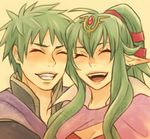  1girl breasts cape chiki choker cleavage closed_eyes fangs fire_emblem fire_emblem:_kakusei fire_emblem:_monshou_no_nazo green_hair hair_ornament hair_ribbon laughing long_hair loosely-common male_my_unit_(fire_emblem:_kakusei) mamkute md5_mismatch medium_breasts my_unit_(fire_emblem:_kakusei) pointy_ears ponytail ribbon smile 