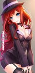  bad_id bad_pixiv_id black_legwear blue_eyes blush breasts choker cleavage formal garter_straps hat jacket keikazz large_breasts league_of_legends long_hair looking_at_viewer mafia_miss_fortune panties pantyshot pantyshot_(standing) pencil_skirt pinstripe_pattern pinstripe_suit red_hair sarah_fortune skirt skirt_suit smile solo standing striped suit thighhighs underwear 