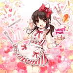  :d akamomo apron bad_id bad_pixiv_id black_hair blush bow brown_eyes drinking_straw fork glass hair_bow heart holding knife looking_at_viewer mizuki_nana open_mouth plate real_life seiyuu smile solo spoon striped tray twintails waist_apron wrist_cuffs 