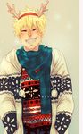  1boy animal_ears antlers blonde_hair eyes_closed hands_in_pockets male male_focus naruto scarf short_hair smile solo spiked_hair spiky_hair sweater uzumaki_naruto whiskers 