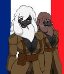  anthro big_breasts black_nose breasts brown_hair canine cleavage clothed clothing dog droll3 duo female france french_flag hair long_hair looking_at_viewer mammal pants parody poodle sibling sisters smile twins white_hair world_war world_war_2 ww2 