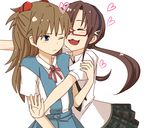  :3 blush brown_hair closed_eyes glasses hairband heart hug long_hair makinami_mari_illustrious michigan multiple_girls neon_genesis_evangelion orange_hair rebuild_of_evangelion school_uniform shikinami_asuka_langley souryuu_asuka_langley yuri 