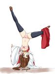  :d black_legwear bra breasts brown_eyes brown_hair detached_sleeves hair_tubes hakurei_reimu handstand kamiya_tomoe long_hair navel open_mouth panties pink_bra pink_panties sketch skirt skirt_around_one_leg small_breasts smile solo thighhighs touhou underwear upside-down 