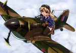  airplane bent_knees blonde_hair braid braids cloud clouds flying gloves goggles long_hair necktie original red_eyes school_uniform sitting solo thighhighs tie tokihama_jirou uniform zettai_ryouiki 