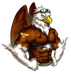  anthro avian bald_eagle beak biceps bird brown_feathers clothed clothing eagle eyewear feathers flexing goggles golden_charlie googles half-dressed male muscles pants pecs plain_background solo tattoo topless white_background white_feathers wings yellow_eyes 