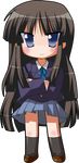  akiyama_mio black_hair chibi highres hime_cut k-on! long_hair looking_at_viewer oyu_no_kaori sakuragaoka_high_school_uniform school_uniform simple_background skirt smile solo very_long_hair 