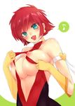  :d arm_strap bare_shoulders blue_eyes blush breasts collarbone cutie_honey cutie_honey_(character) eighth_note gloves highres large_breasts musical_note nipples open_mouth red_hair short_hair smile solo speech_bubble spoken_musical_note underboob yellow_gloves yukibuster_z 