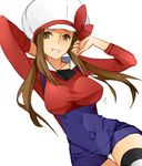  banned_artist breasts brown_eyes brown_hair doodle hat kotone_(pokemon) large_breasts long_hair older pokemon pokemon_(game) pokemon_hgss simple_background smile solo thigh_gap thighhighs tribute white_background 