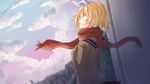  aqua_eyes blonde_hair building city cityscape cloud hair_ribbon highres kagamine_rin open_mouth profile ribbon scarf scenery school_uniform short_hair skirt sky solo sweater vocaloid widescreen yayoi_(egoistic_realism) 