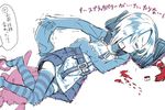  blood blush closed_eyes dress hair_over_one_eye idolmaster idolmaster_cinderella_girls kingin lying on_side open_mouth overalls pillow shirasaka_koume short_hair simple_background sketch skirt sleeves_past_wrists smile solo spot_color striped striped_legwear thighhighs white_background 