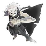 blue_eyes cyborg foreshortening from_above kishuu male_focus metal_gear_(series) metal_gear_solid_4 raiden reverse_grip see-through simple_background solo sword visor weapon white_background white_hair 
