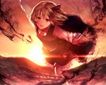  :d blonde_hair darkness flying hair_ribbon highres leg_up lens_flare light_rays looking_at_viewer open_mouth outstretched_arms red_eyes ribbon rumia skirt sky smile solo spread_arms sun sunakumo sunbeam sunlight sunrise sunset touhou 