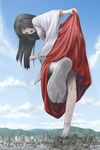  bad_source black_hair building city cloud copyright_request day destruction eichikei_(hakuto) feet giantess highres japanese_clothes long_hair miko sky skyscraper smoke solo tabi tree 