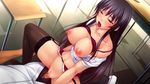  1girl amei_sumeru black_hair blush bra breasts censored chair clothed_sex game_cg garter_belt girl_on_top large_breasts legwear long_hair lying nipples no_panties open_mouth penis saliva sex sitting sitting_on_person stockings sweat thighhighs tongue underwear vaginal 