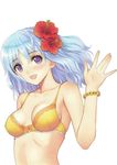  :d absurdres bare_shoulders blue_eyes blue_hair bra collarbone copyright_request flower flower_bracelet hair_flower hair_ornament hibiscus highres lingerie long_hair looking_at_viewer open_mouth scan simple_background smile solo tanaka_takayuki underwear waving white_background yellow_bra 
