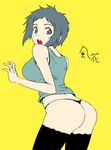  ass black_eyes black_legwear blue_hair breasts character_name highres large_breasts no_pants open_mouth panties persona persona_3 short_hair simple_background solo surprised suta_furachina thong underwear yamagishi_fuuka yellow_background 