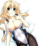 bad_id bad_pixiv_id bare_shoulders bed_sheet black_legwear blonde_hair blue_eyes blush braid breasts cleavage cowboy_shot dutch_angle from_above hair_spread_out hair_tubes hand_on_own_chest highleg highleg_leotard kyoukaisenjou_no_horizon large_breasts leotard light_smile long_hair looking_at_viewer lying mary_stuart on_back on_bed pantyhose scar shikei single_braid smile solo very_long_hair 