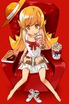  armchair bare_shoulders barefoot blonde_hair blush_stickers chair doughnut dress drinking food hat hat_removed headwear_removed highres long_hair long_legs monogatari_(series) oshino_shinobu popcorn red_background shiotan shoes_removed sipping smile solo sun_hat yellow_eyes 