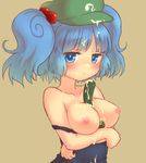  bare_shoulders between_breasts blue_eyes blue_hair blush breasts collarbone cucumber cum cum_on_body cum_on_breasts cum_on_hair cum_on_upper_body hair_bobbles hair_ornament kawashiro_nitori looking_at_viewer medium_breasts miruki nipples one-piece_swimsuit school_swimsuit simple_background solo swimsuit swimsuit_pull touhou two_side_up 