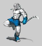 biceps big_muscles black_fur blue_eyes body_markings chest_tuft claws clothed clothing fangs feline footwear fur hair half-dressed male mammal markings muscles necklace pecs shoes shorts solo standing stripes tiger tigerdai toe_claws topless tuft white_fur white_hair white_tiger 