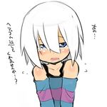  blue_eyes blush dress fukurou_(owl222) hair_down homika_(pokemon) looking_at_viewer open_mouth pokemon pokemon_(game) pokemon_bw2 shirt sketch solo striped striped_dress tears translated white_hair 