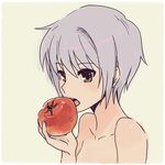  bangs biting brown_eyes nagato_yuki nude purple_hair short_hair solo suzumiya_haruhi_no_yuuutsu tomato ukon 