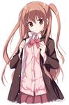  achiga_school_uniform atarashi_ako bad_id bad_pixiv_id blush brown_eyes brown_hair cardigan cosplay eguchi_sera eguchi_sera_(cosplay) gakuran long_hair odawara_hakone pink_cardigan saki saki_achiga-hen school_uniform simple_background skirt solo twintails two_side_up white_background 