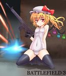  bad_id bad_pixiv_id battle_rifle battlefield_(series) battlefield_3 black_legwear blonde_hair covered_navel explosive finger_on_trigger flandre_scarlet gloves grenade gun h&amp;k_g3 hat holding holding_gun holding_weapon one-piece_swimsuit red_eyes rifle school_swimsuit short_hair side_ponytail solo sumapan swimsuit thighhighs touhou weapon white_swimsuit wings 