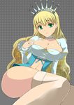  blonde_hair breasts choker clalaclan_philias cleavage crown earrings green_eyes highres huge_breasts jewelry masukuza_j princess sega shining_(series) shining_wind surprised 