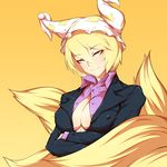  blonde_hair breasts cleavage contemporary covered_nipples crossed_arms formal fox_tail hat kaminari large_breasts multiple_tails no_bra simple_background smile smug solo suit tail touhou upper_body yakumo_ran yellow_background yellow_eyes 