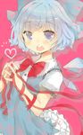  :o acidear bad_id bad_pixiv_id blue_eyes blue_hair blush bow cirno dress hair_bow heart ice ice_wings pink_background red_ribbon ribbon short_hair solo touhou wings 