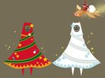  antlers bad_id bad_pixiv_id brown_background christmas cloak flat_color flying fuju full_body guardian_(journey) hat hood hooded_cloak journey no_humans ribbon sack santa_costume santa_hat simple_background standing star traveler veil 