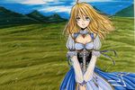  ahoge artoria_pendragon_(all) blonde_hair breasts cleavage cleavage_cutout collarbone corset dress fate/stay_night fate_(series) field gem green_eyes hair_down long_hair marker_(medium) medium_breasts mountain puffy_sleeves saber see-through solo traditional_media tusia v_arms wind 