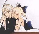  ahoge artoria_pendragon_(all) bare_shoulders blonde_hair bow breasts choker cleavage closed_eyes dress dual_persona fate/stay_night fate/unlimited_codes fate_(series) gothic_lolita hair_bow hair_down hug hug_from_behind lolita_fashion long_hair medium_breasts multiple_girls playing_with_another's_hair ponytail saber_alter saber_lily smile tusia white_dress yellow_eyes 