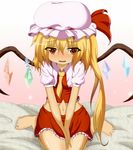  bare_legs barefoot between_breasts blonde_hair blush breasts clothes_between_breasts dr._cryptoso fangs flandre_scarlet hat hat_ribbon highres midriff navel open_mouth red_eyes revision ribbon shirt side_ponytail sitting skirt skirt_set slit_pupils smile solo touhou v_arms wariza wings 